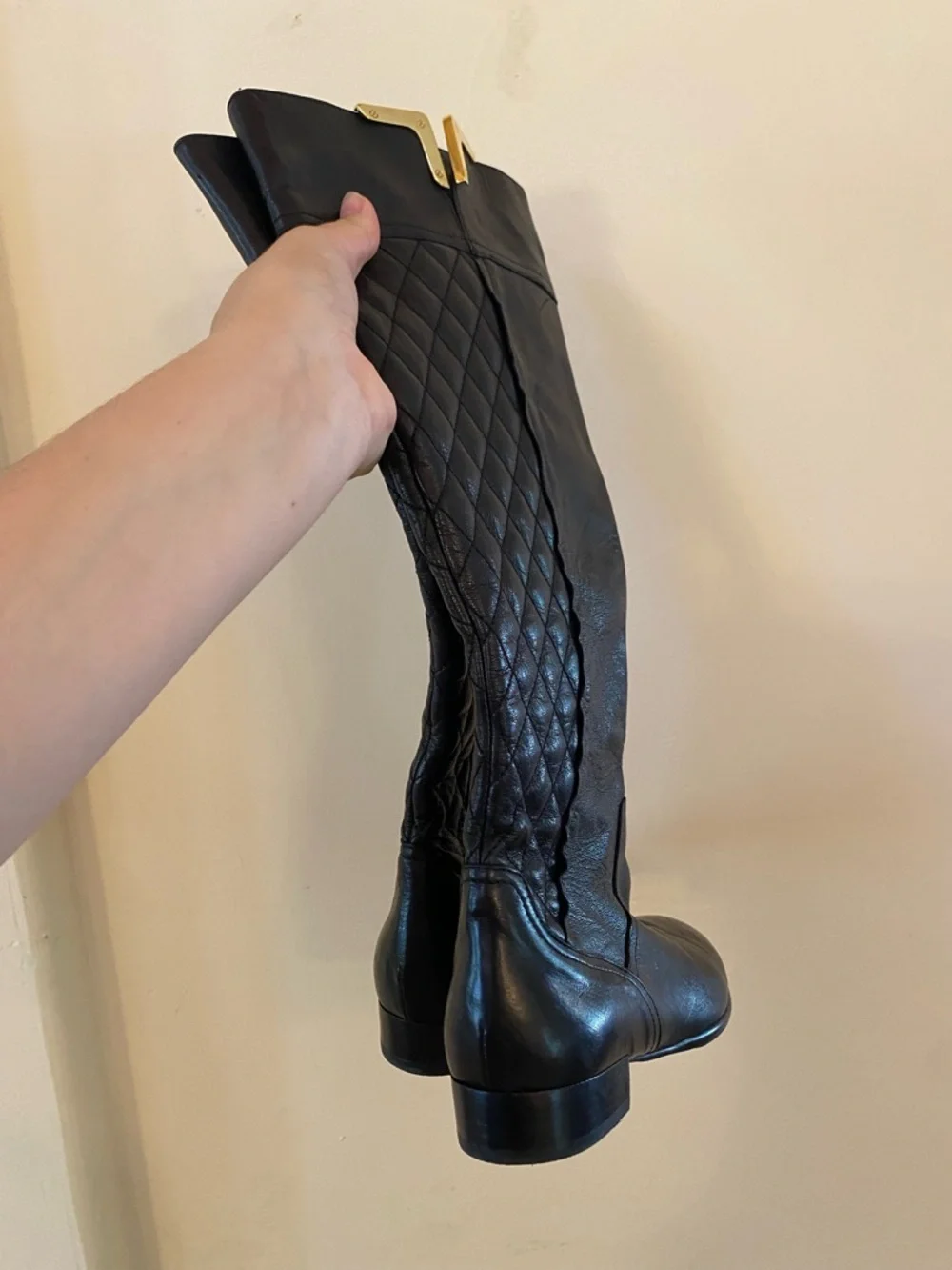 Napoleoni Italian Black Leather Quilted Knee High Boots Size 37